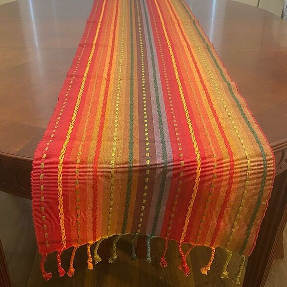 Pier 1 Imports Textured Boho Multi Color Stripe Fringe Table Runner 100% Cotton - Picture 1 of 5